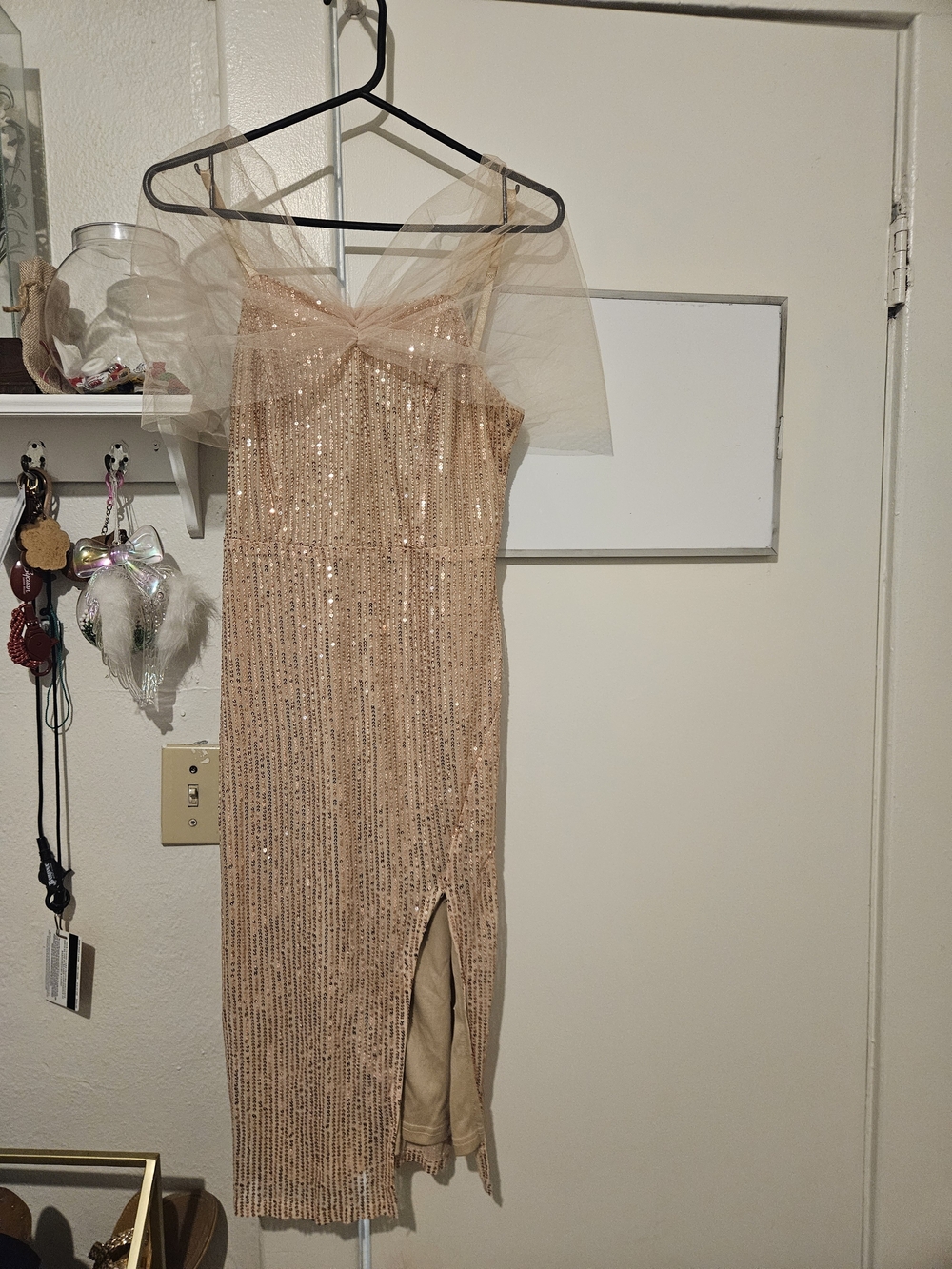 SHEIN Blush Sequin Tulle Midi Dress with Side Slit